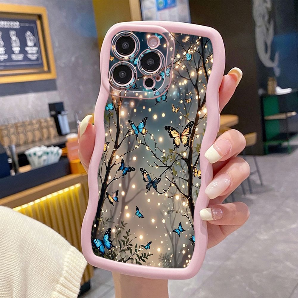 For iPhone 16 Pro Max 15 14 Plus 13 12 11 Pro Max Blue Butterfly Starlight Wave Frame Phone Case Anti Drop Cover
