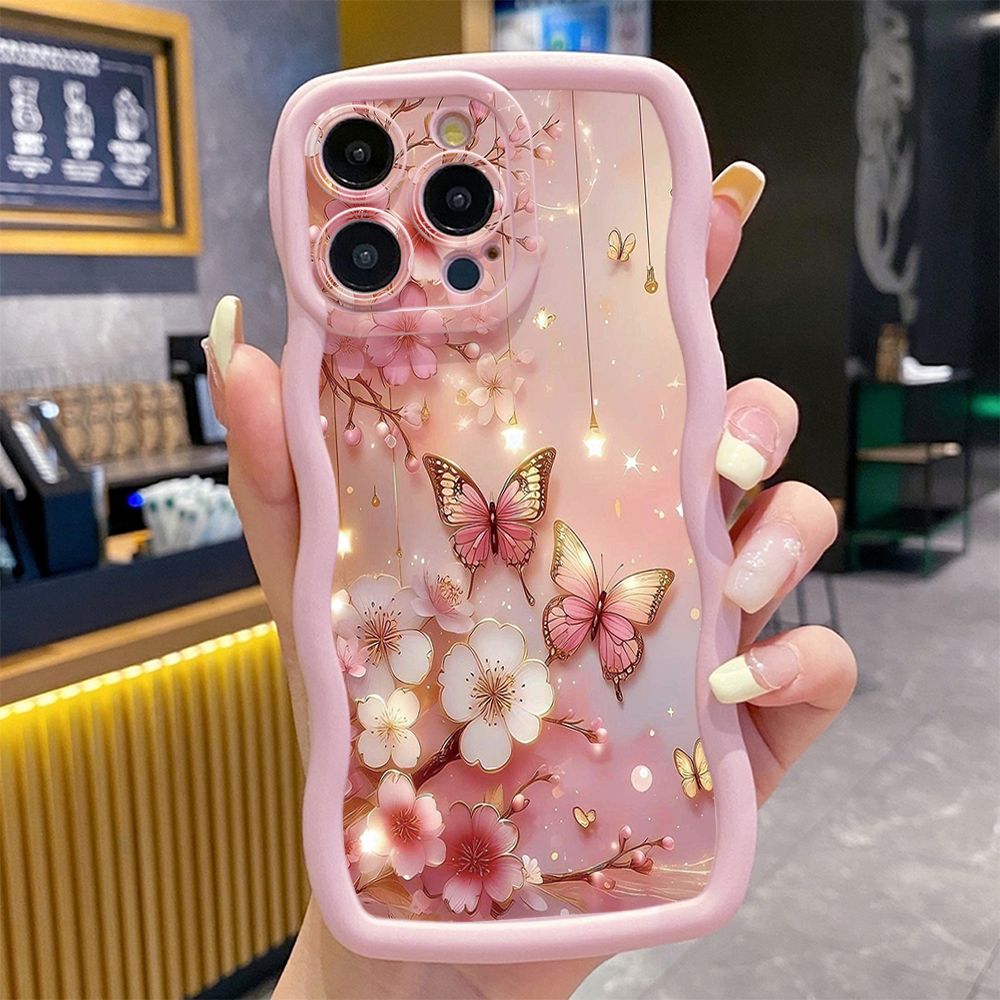 For iPhone 16 Pro Max 15 14 Plus 13 12 11 Pro Max Blue Butterfly Starlight Wave Frame Phone Case Anti Drop Cover