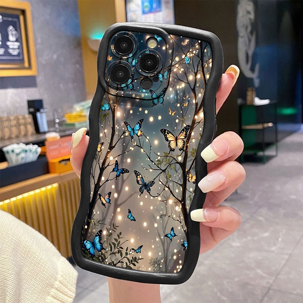 For iPhone 16 Pro Max 15 14 Plus 13 12 11 Pro Max Blue Butterfly Starlight Wave Frame Phone Case Anti Drop Cover