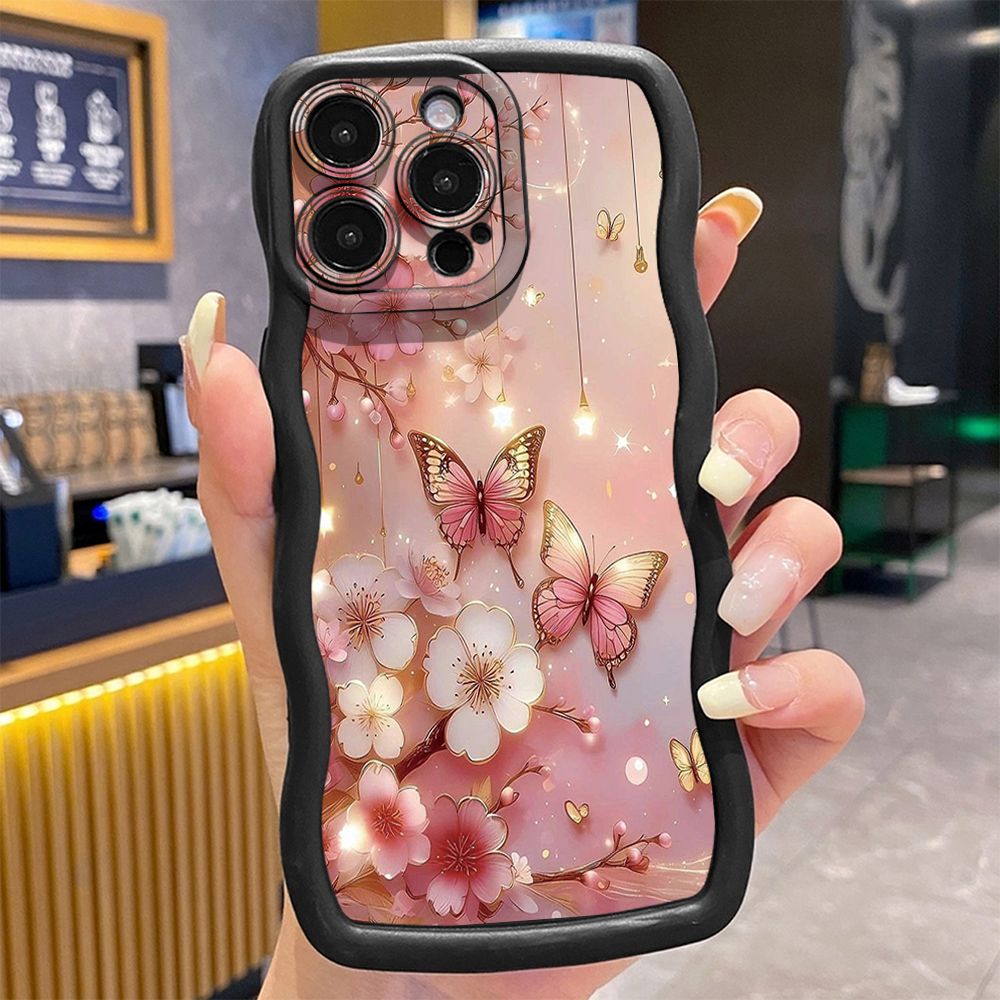 For iPhone 16 Pro Max 15 14 Plus 13 12 11 Pro Max Blue Butterfly Starlight Wave Frame Phone Case Anti Drop Cover