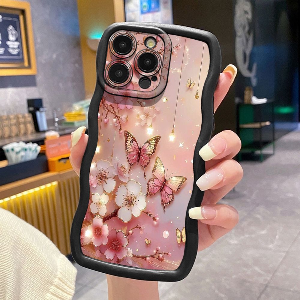 For iPhone 16 Pro Max 15 14 Plus 13 12 11 Pro Max Blue Butterfly Starlight Wave Frame Phone Case Anti Drop Cover