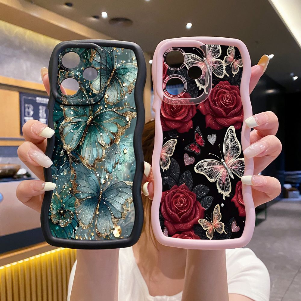 For OPPO Realme C67 C53 C51 Note 50 C21Y C25Y C33 C30 C35 9i Jadeite Rose Butterfly Wave Frame Phone Case Anti Drop Cover