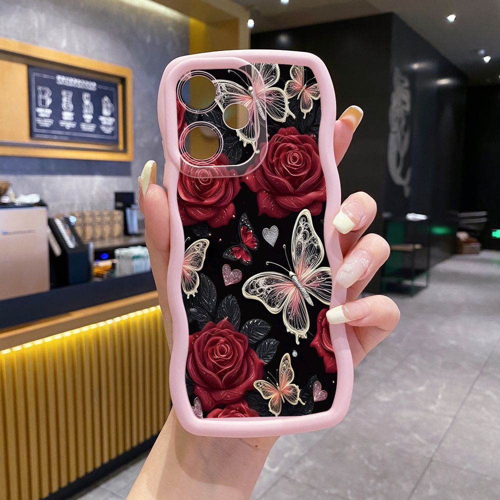 For OPPO Realme C67 C53 C51 Note 50 C21Y C25Y C33 C30 C35 9i Jadeite Rose Butterfly Wave Frame Phone Case Anti Drop Cover