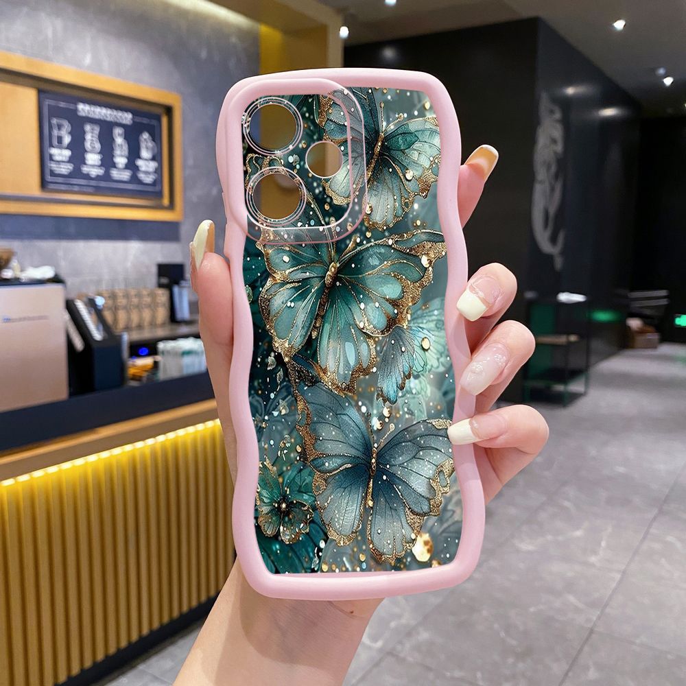 For OPPO Realme C67 C53 C51 Note 50 C21Y C25Y C33 C30 C35 9i Jadeite Rose Butterfly Wave Frame Phone Case Anti Drop Cover