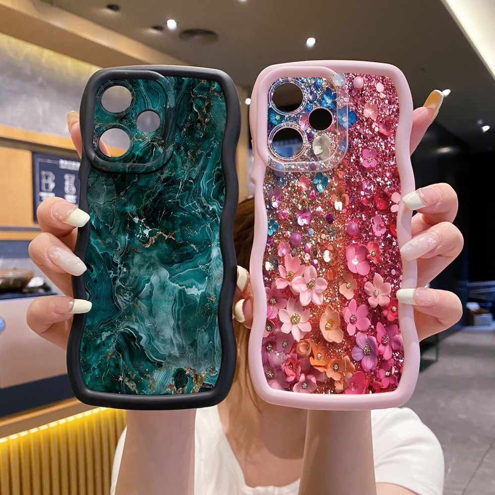 For OPPO Realme C67 C53 C51 Note 50 C21Y C25Y C33 C30 C35 9i Green Marbling Wave Frame Phone Case Anti Drop Cover