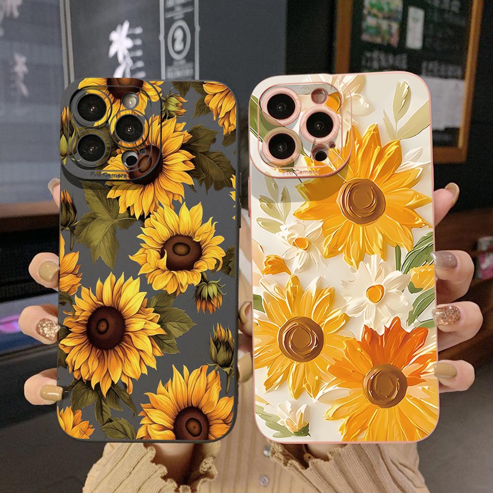 For iPhone 16 Pro Max 14 Plus 13 Pro Max 12 11 XR 8 7 SE 2022 XS Max Beautiful Sunflower Full Protective Case Anti Drop Cover
