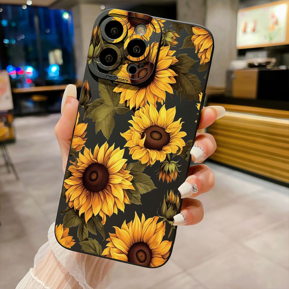 For iPhone 16 Pro Max 14 Plus 13 Pro Max 12 11 XR 8 7 SE 2022 XS Max Beautiful Sunflower Full Protective Case Anti Drop Cover