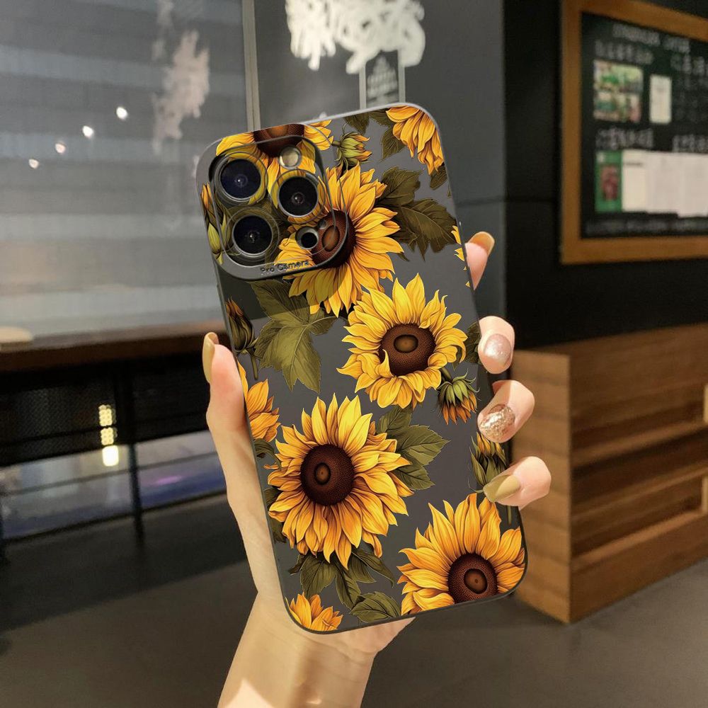 For iPhone 16 Pro Max 14 Plus 13 Pro Max 12 11 XR 8 7 SE 2022 XS Max Beautiful Sunflower Full Protective Case Anti Drop Cover