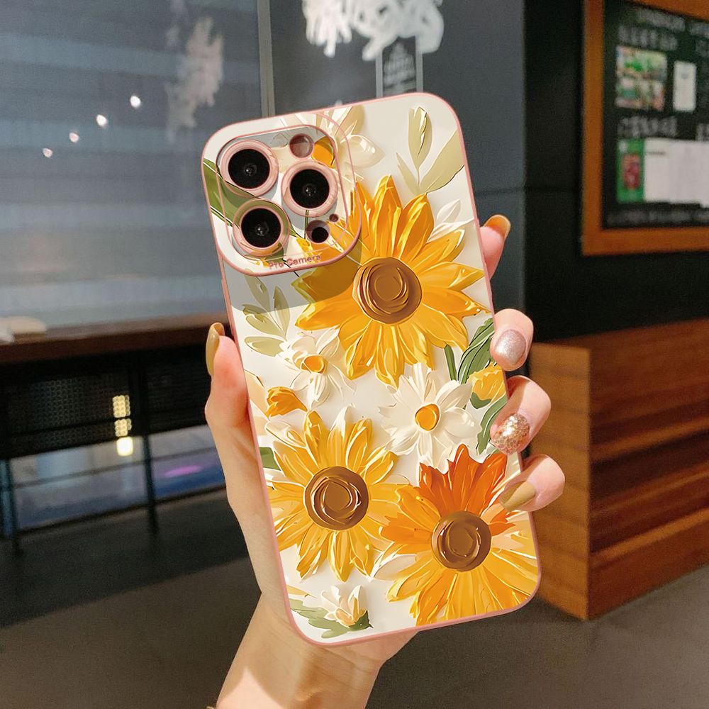 For iPhone 16 Pro Max 14 Plus 13 Pro Max 12 11 XR 8 7 SE 2022 XS Max Beautiful Sunflower Full Protective Case Anti Drop Cover