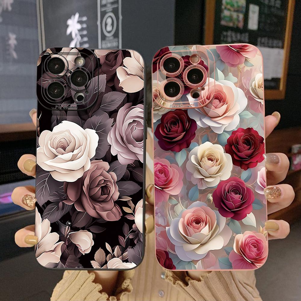 For iPhone 16 Pro Max 14 Plus 13 Pro Max 12 11 XR 8 7 SE 2022 XS Max Coffee Pink Color Rose Full Protective Case Anti Drop Cover