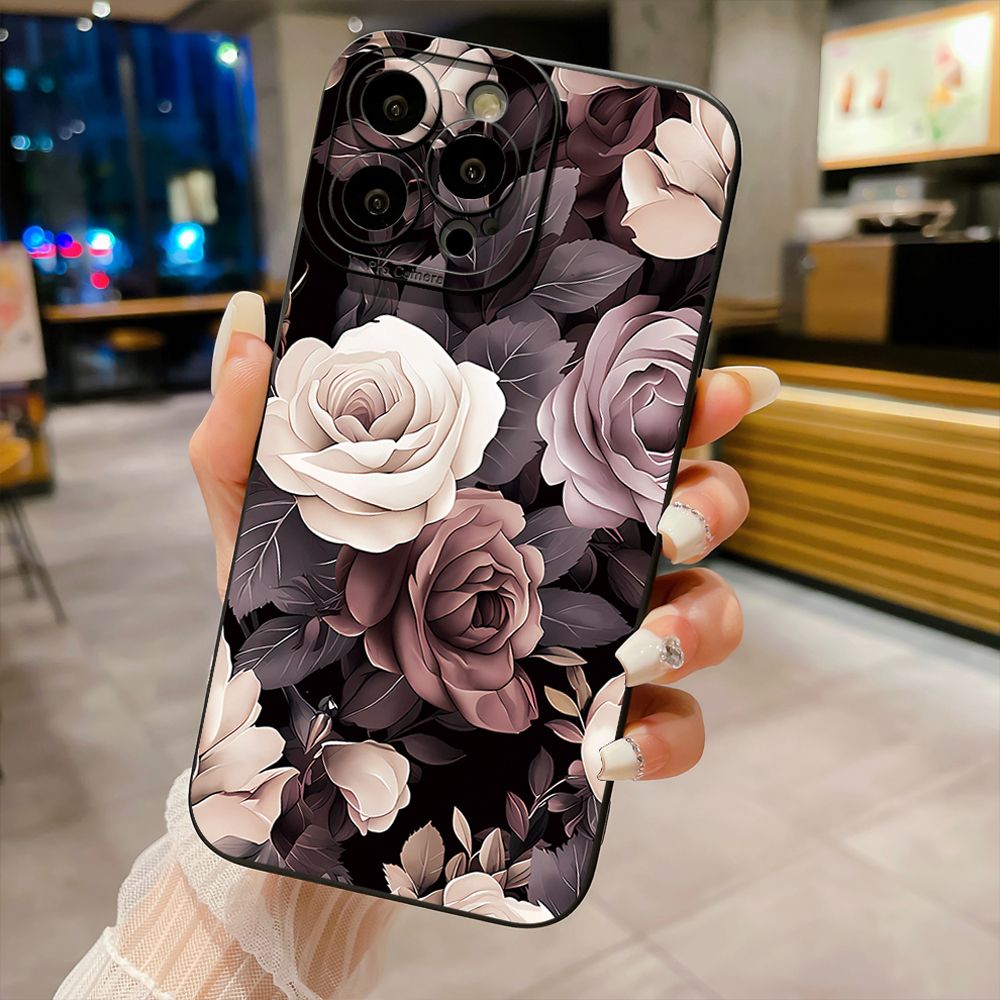 For iPhone 16 Pro Max 14 Plus 13 Pro Max 12 11 XR 8 7 SE 2022 XS Max Coffee Pink Color Rose Full Protective Case Anti Drop Cover