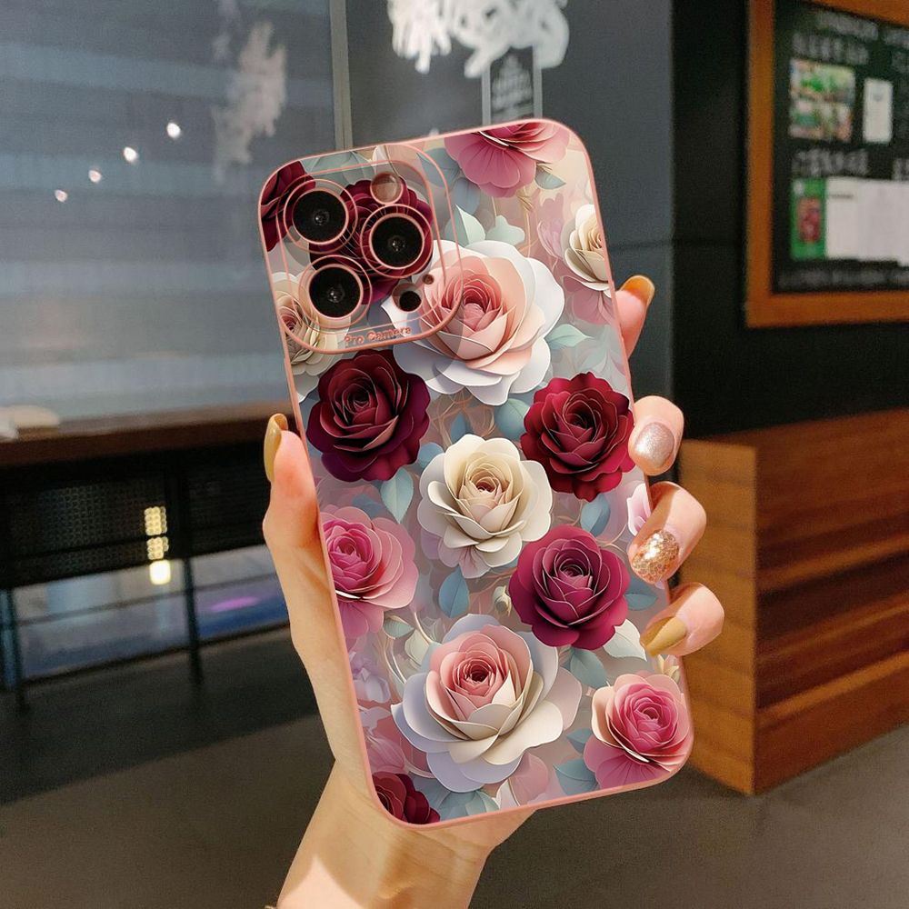 For iPhone 16 Pro Max 14 Plus 13 Pro Max 12 11 XR 8 7 SE 2022 XS Max Coffee Pink Color Rose Full Protective Case Anti Drop Cover