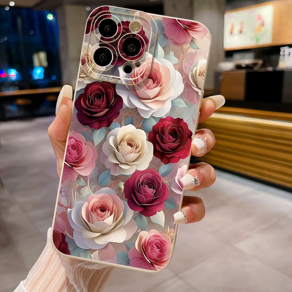 For iPhone 16 Pro Max 14 Plus 13 Pro Max 12 11 XR 8 7 SE 2022 XS Max Coffee Pink Color Rose Full Protective Case Anti Drop Cover