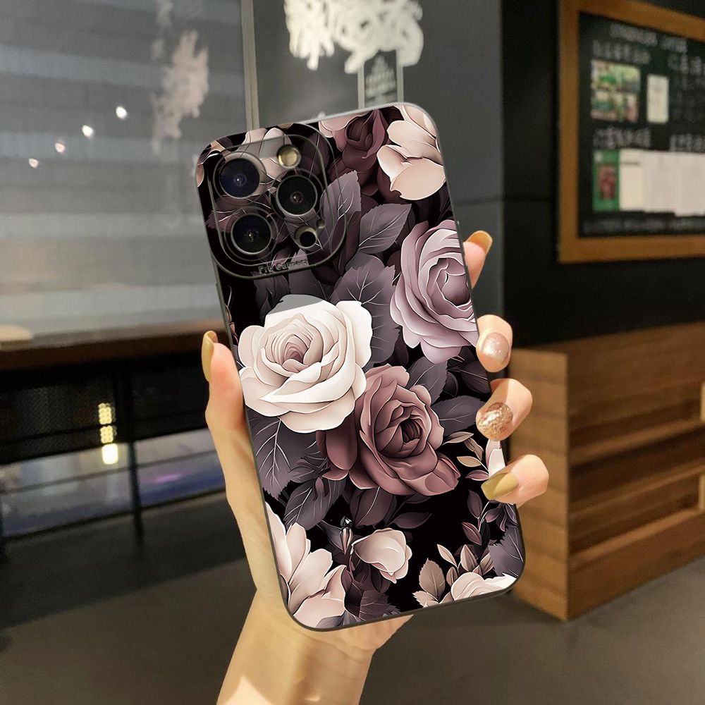 For iPhone 16 Pro Max 14 Plus 13 Pro Max 12 11 XR 8 7 SE 2022 XS Max Coffee Pink Color Rose Full Protective Case Anti Drop Cover