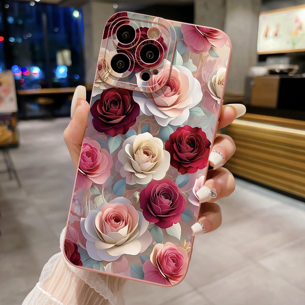 For iPhone 16 Pro Max 14 Plus 13 Pro Max 12 11 XR 8 7 SE 2022 XS Max Coffee Pink Color Rose Full Protective Case Anti Drop Cover