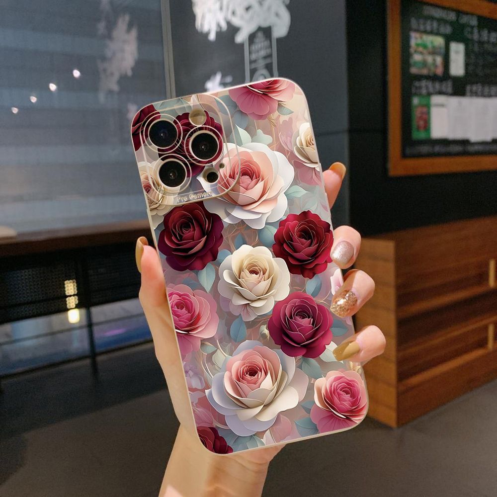 For iPhone 16 Pro Max 14 Plus 13 Pro Max 12 11 XR 8 7 SE 2022 XS Max Coffee Pink Color Rose Full Protective Case Anti Drop Cover