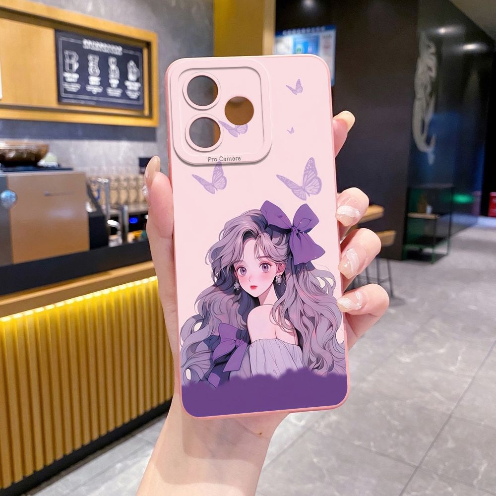 For Realme C61 C63 C65 C67 C53 C51 Note 50 60 C21 C33 C30 C35 C11 2021 C12 C15 C21Y C25Y Realme 12 13 Purple Butterfly Flower Girl Full Protective Case Anti Drop Cover