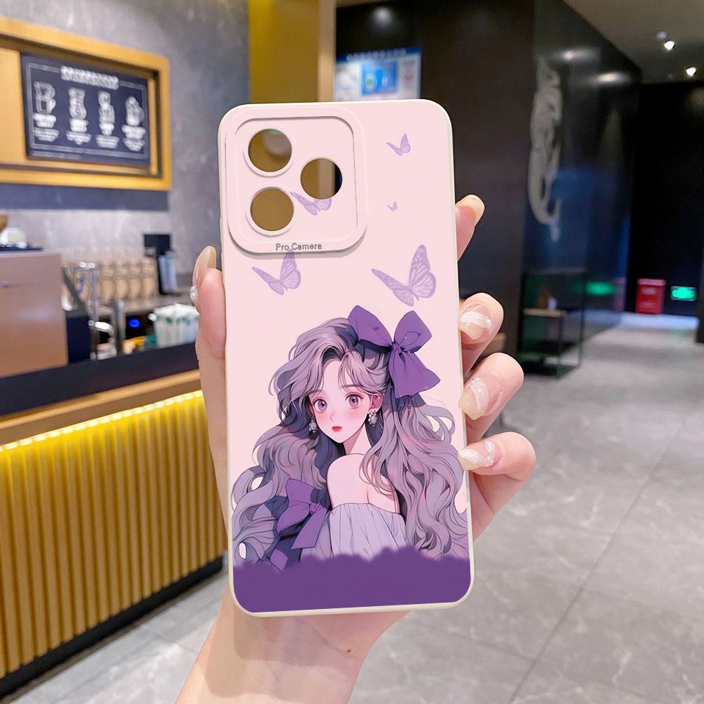 For Realme C61 C63 C65 C67 C53 C51 Note 50 60 C21 C33 C30 C35 C11 2021 C12 C15 C21Y C25Y Realme 12 13 Purple Butterfly Flower Girl Full Protective Case Anti Drop Cover