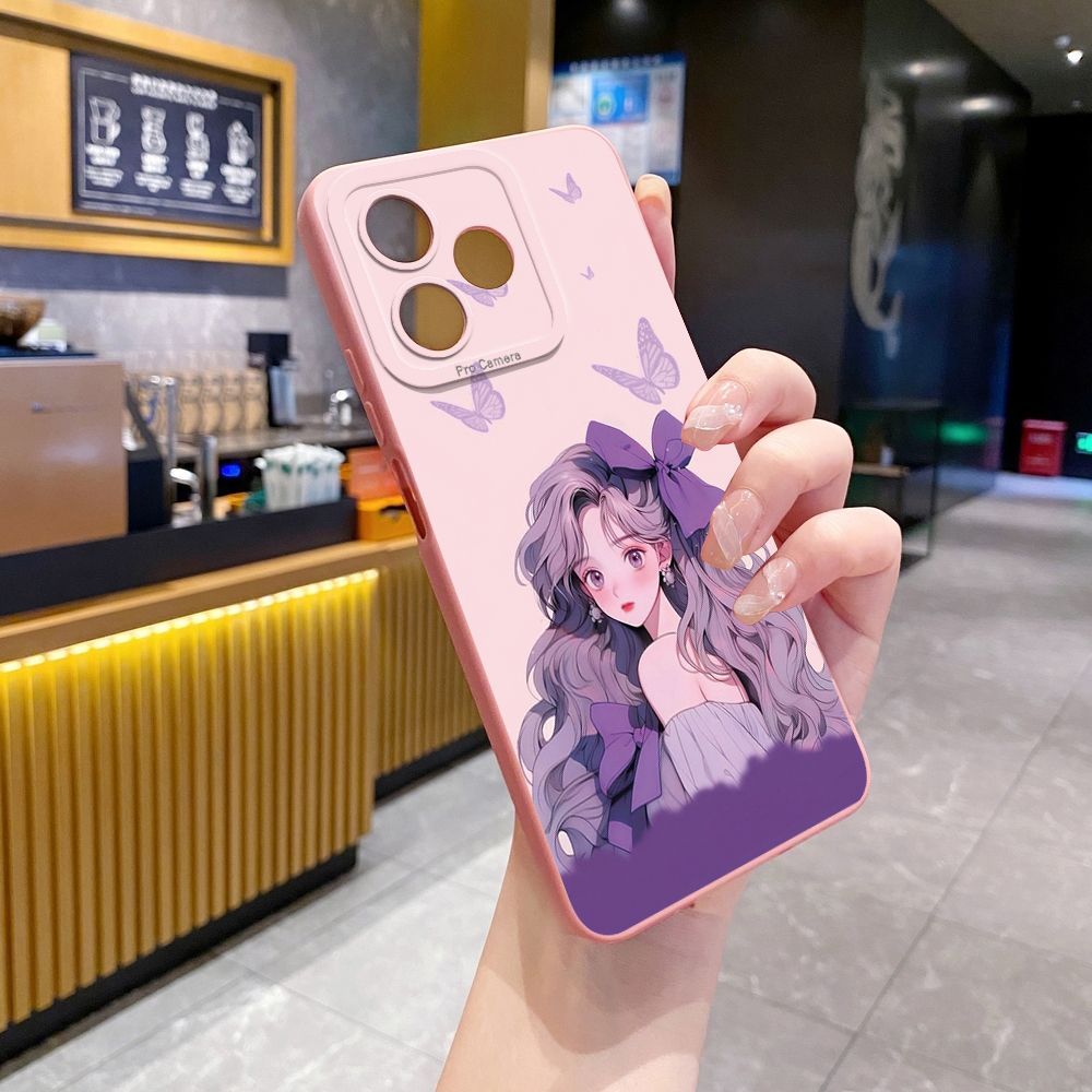 For Realme C61 C63 C65 C67 C53 C51 Note 50 60 C21 C33 C30 C35 C11 2021 C12 C15 C21Y C25Y Realme 12 13 Purple Butterfly Flower Girl Full Protective Case Anti Drop Cover
