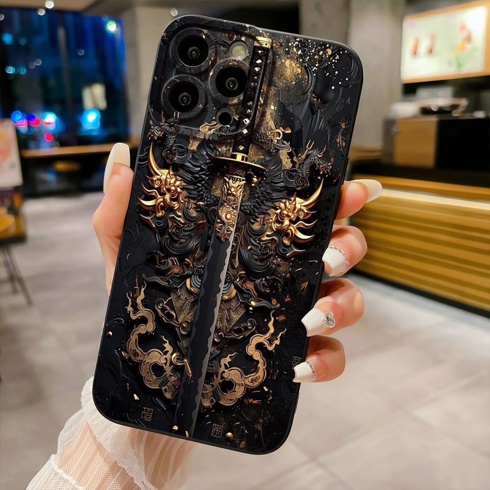 For iPhone 16 Pro Max 14 Plus 13 Pro Max 12 11 XR 8 7 SE 2022 XS Max Dragon Pattern Sword Full Protective Case Anti Drop Cover