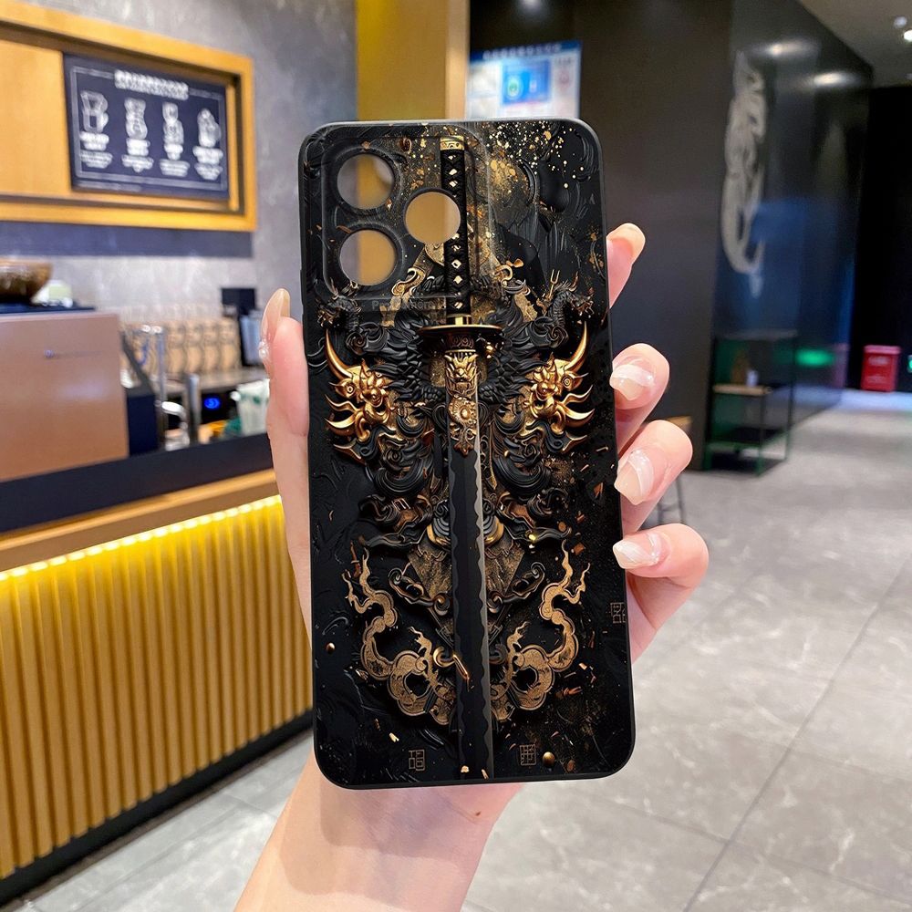 For Realme C61 C63 C65 C67 C53 C51 Note 50 60 C21 C33 C30 C35 C11 2021 C12 C15 C21Y C25Y Realme 12 13 Dragon Pattern Sword Full Protective Case Anti Drop Cover