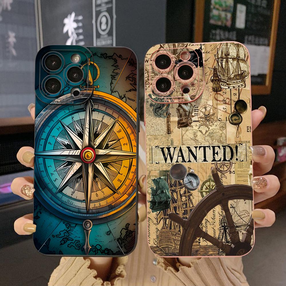 For iPhone 16 Pro Max 14 Plus 13 Pro Max 12 11 XR 8 7 SE 2022 XS Max Sailing Boat Compass Full Protective Case Anti Drop Cover