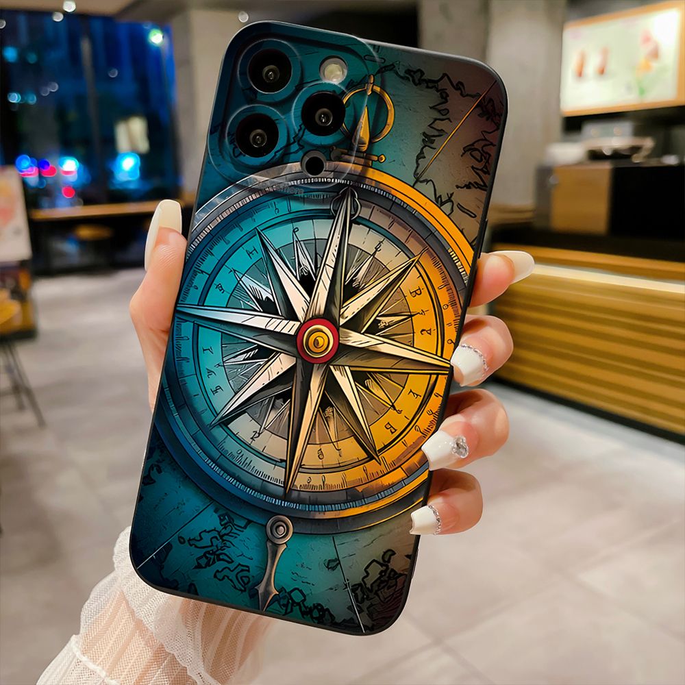 For iPhone 16 Pro Max 14 Plus 13 Pro Max 12 11 XR 8 7 SE 2022 XS Max Sailing Boat Compass Full Protective Case Anti Drop Cover