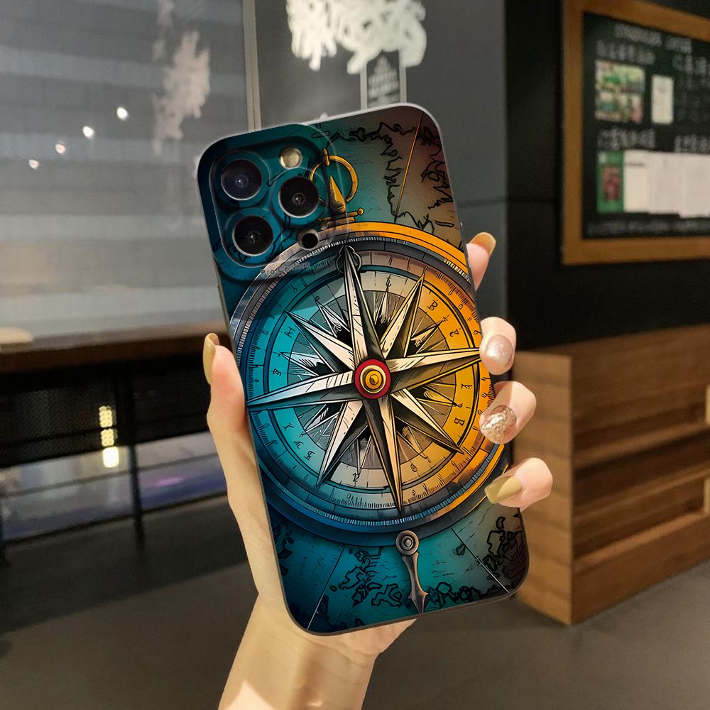 For iPhone 16 Pro Max 14 Plus 13 Pro Max 12 11 XR 8 7 SE 2022 XS Max Sailing Boat Compass Full Protective Case Anti Drop Cover