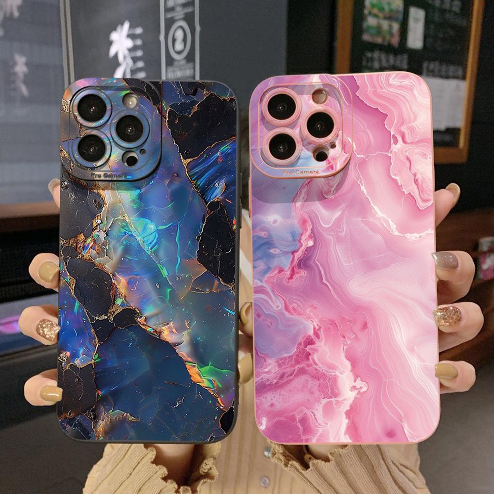 For iPhone 16 Pro Max 14 Plus 13 Pro Max 12 11 XR 8 7 SE 2022 XS Max Blue Pink Marbling Full Protective Case Anti Drop Cover