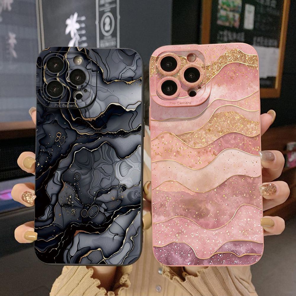 For iPhone 16 Pro Max 14 Plus 13 Pro Max 12 11 XR 8 7 SE 2022 XS Max Black Pink Marbling Full Protective Case Anti Drop Cover