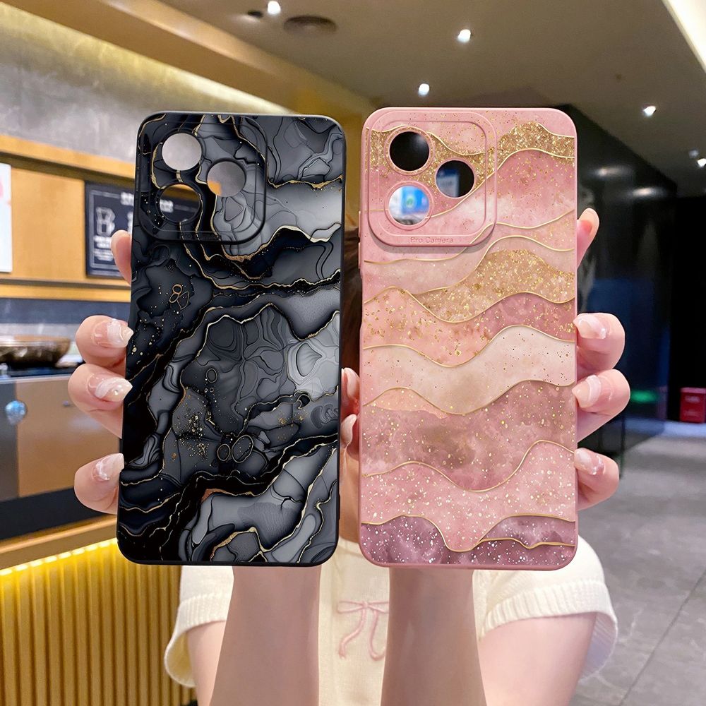 For Realme C61 C63 C65 C67 C53 C51 Note 50 60 C21 C33 C30 C35 C11 2021 C12 C15 C21Y C25Y Realme 12 13 Black Pink Marbling Full Protective Case Anti Drop Cover