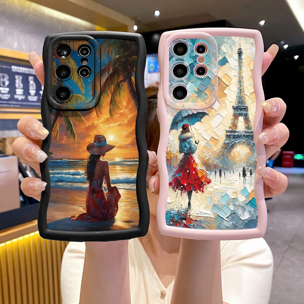 For Samsung Galaxy S24 S23 Ultra S22 Plus S21 FE S20 Girl Eiffel Tower Wave Frame Phone Case Anti Drop Cover