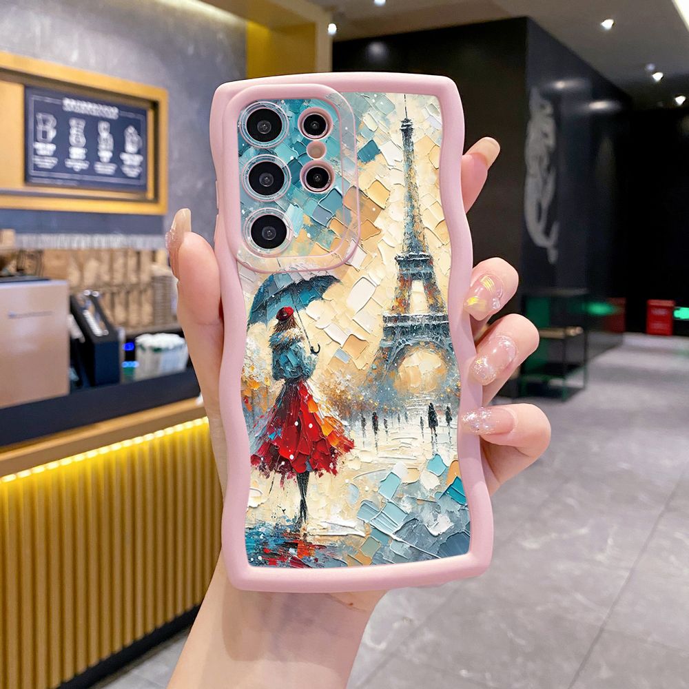 For Samsung Galaxy S24 S23 Ultra S22 Plus S21 FE S20 Girl Eiffel Tower Wave Frame Phone Case Anti Drop Cover