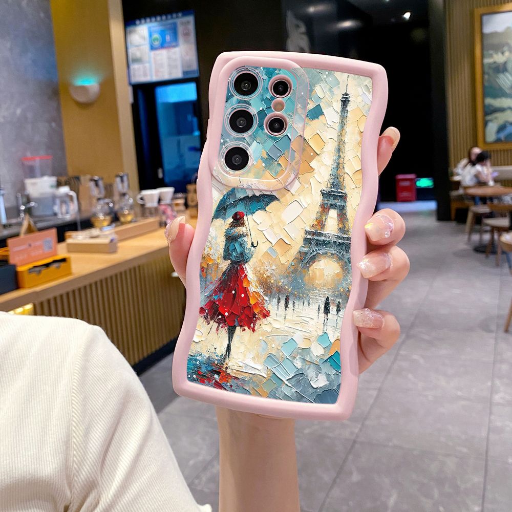 For Samsung Galaxy S24 S23 Ultra S22 Plus S21 FE S20 Girl Eiffel Tower Wave Frame Phone Case Anti Drop Cover