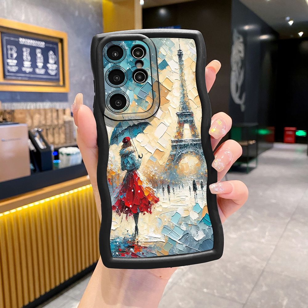 For Samsung Galaxy S24 S23 Ultra S22 Plus S21 FE S20 Girl Eiffel Tower Wave Frame Phone Case Anti Drop Cover