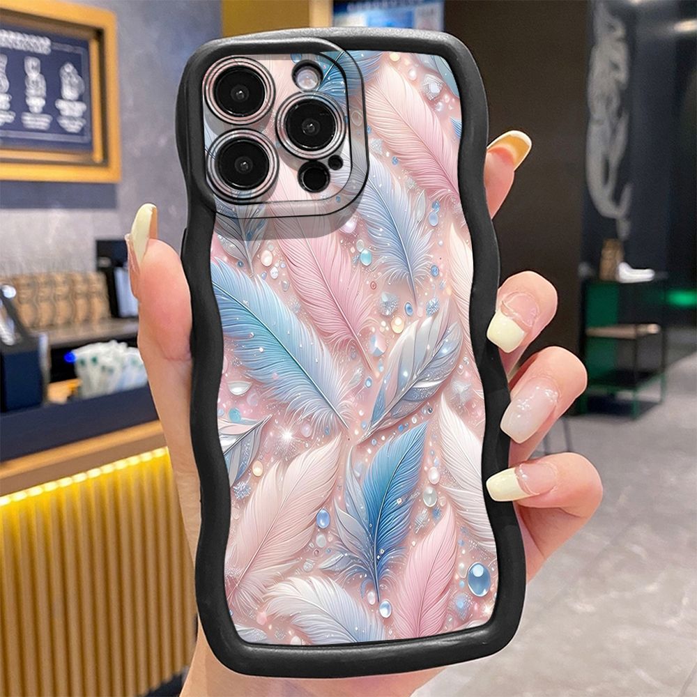 For iPhone 16 Pro Max 15 14 Plus 13 12 11 Pro Max Luxury Beauty Leaves Wave Frame Phone Case Anti Drop Cover
