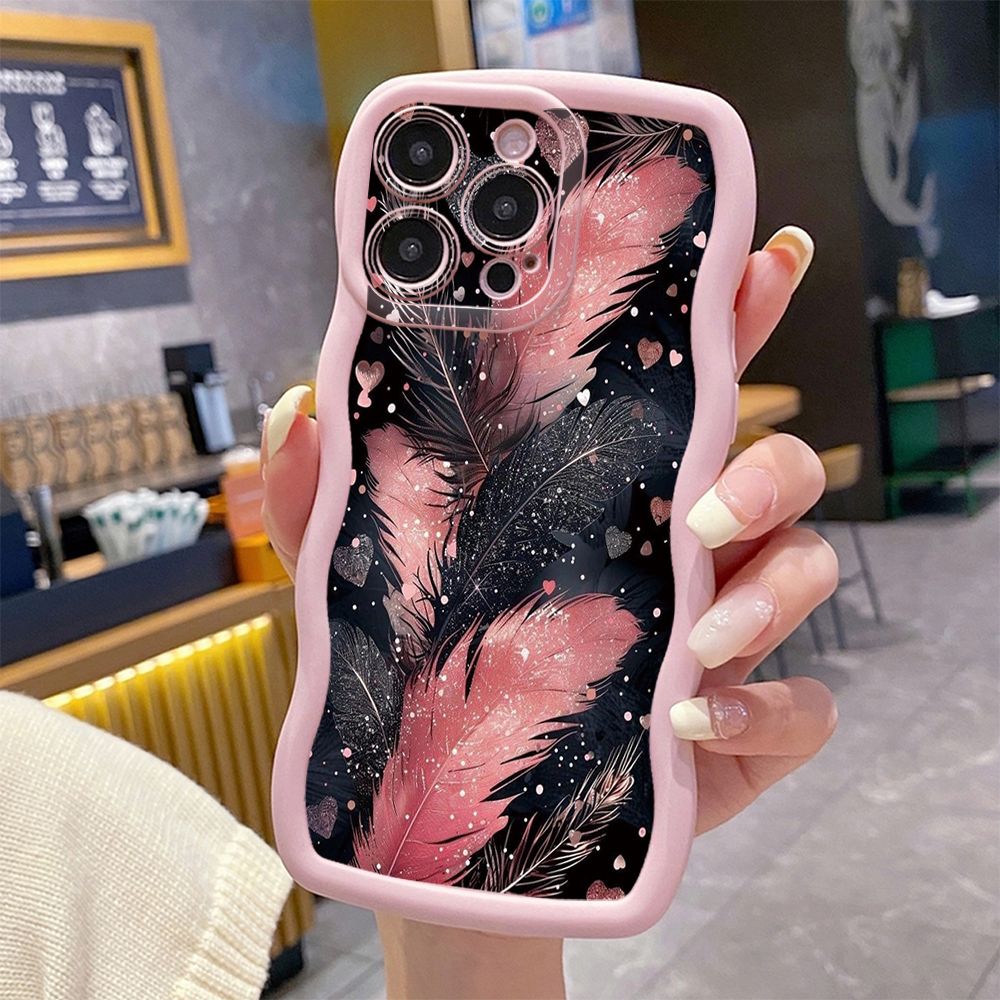 For iPhone 16 Pro Max 15 14 Plus 13 12 11 Pro Max Luxury Beauty Leaves Wave Frame Phone Case Anti Drop Cover