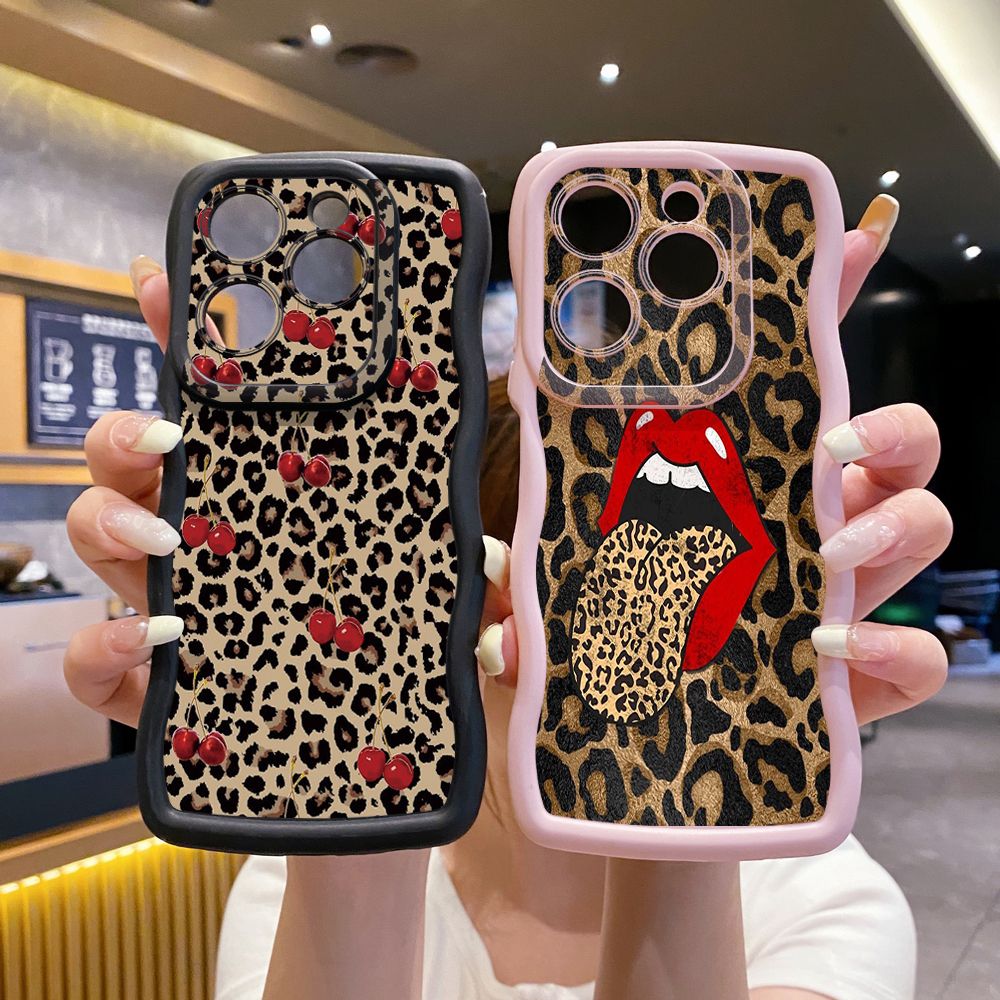 For Tecno Camon 19 Pro NEO 20 30 POP 6 GO 7 Spark GO 2023 8C 9 10 Pro 20C Leopard Lip Cherry Wave Frame Phone Case Anti Drop Cover