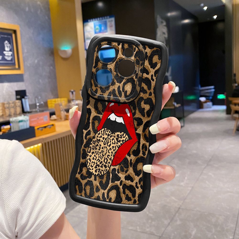 For Tecno Camon 19 Pro NEO 20 30 POP 6 GO 7 Spark GO 2023 8C 9 10 Pro 20C Leopard Lip Cherry Wave Frame Phone Case Anti Drop Cover