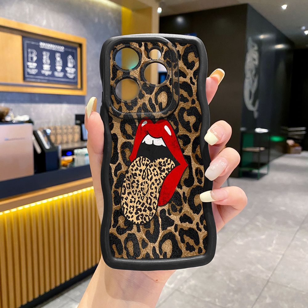 For Tecno Camon 19 Pro NEO 20 30 POP 6 GO 7 Spark GO 2023 8C 9 10 Pro 20C Leopard Lip Cherry Wave Frame Phone Case Anti Drop Cover