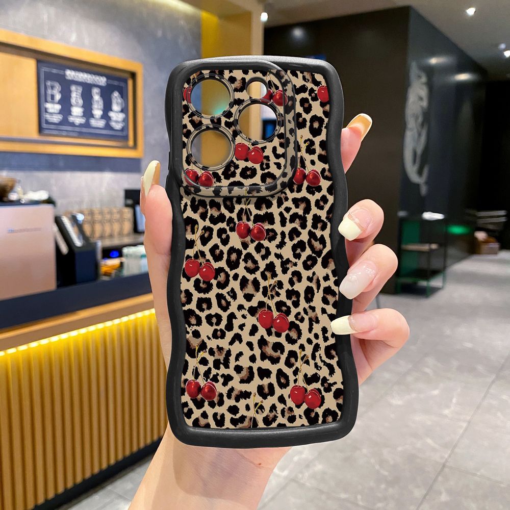 For Tecno Camon 19 Pro NEO 20 30 POP 6 GO 7 Spark GO 2023 8C 9 10 Pro 20C Leopard Lip Cherry Wave Frame Phone Case Anti Drop Cover