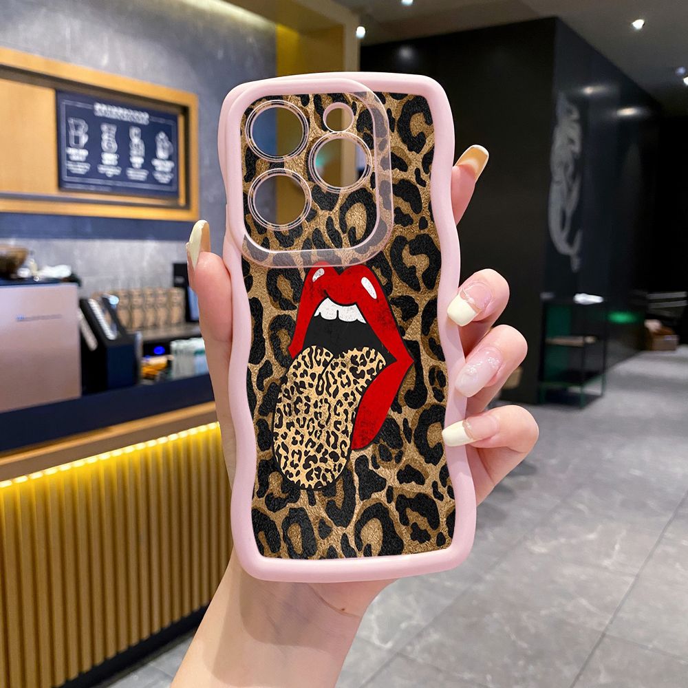 For Tecno Camon 19 Pro NEO 20 30 POP 6 GO 7 Spark GO 2023 8C 9 10 Pro 20C Leopard Lip Cherry Wave Frame Phone Case Anti Drop Cover