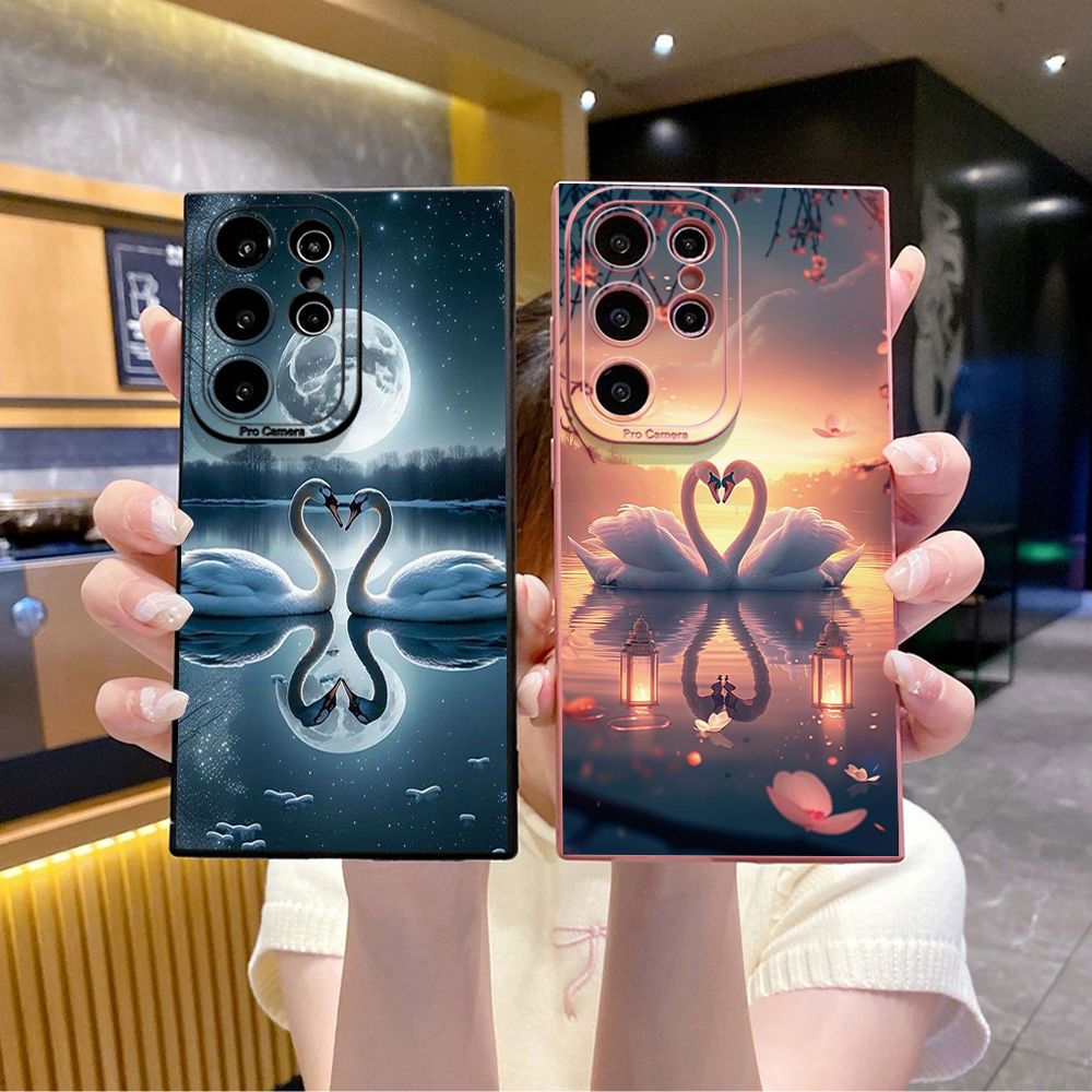 For Samsung Galaxy S24 S23 Ultra S22 Plus Note 20 S21 FE S20 Couple Swan Full Protective Case Anti Drop Cover