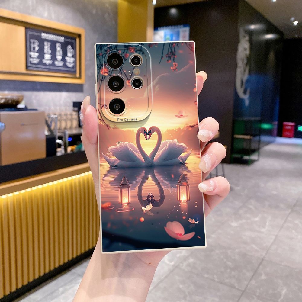 For Samsung Galaxy S24 S23 Ultra S22 Plus Note 20 S21 FE S20 Couple Swan Full Protective Case Anti Drop Cover