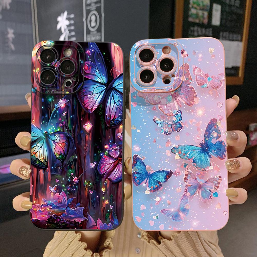 For iPhone 16 Pro Max 14 Plus 13 Pro Max 12 11 XR 8 7 SE 2022 XS Max Luxury Butterfly Full Protective Case Anti Drop Cover