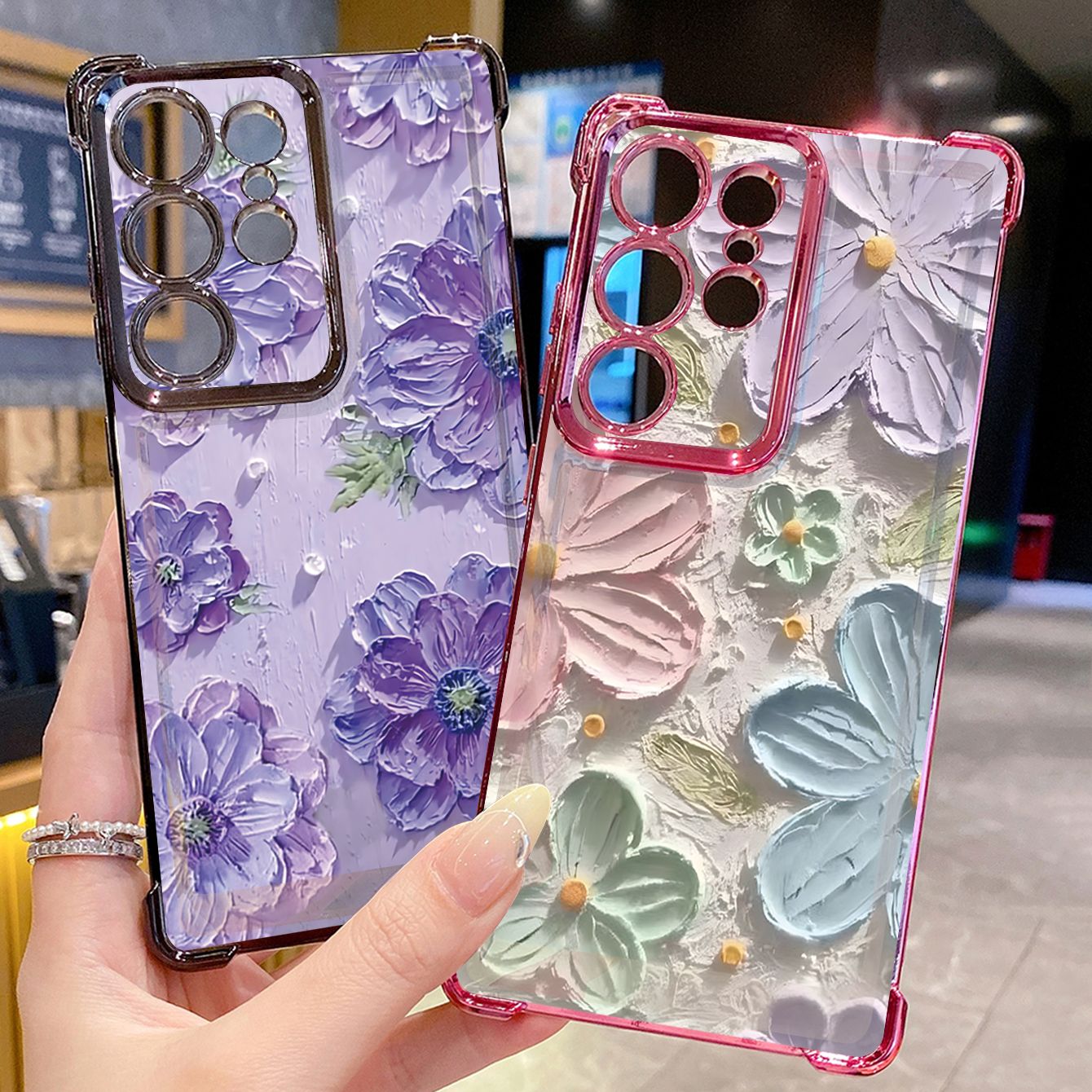 for Samsung Galaxy S26 Ultra S25 Edge S24 Plus A55 Plating Phone Case Shockproof Cover Oil Flower Painting