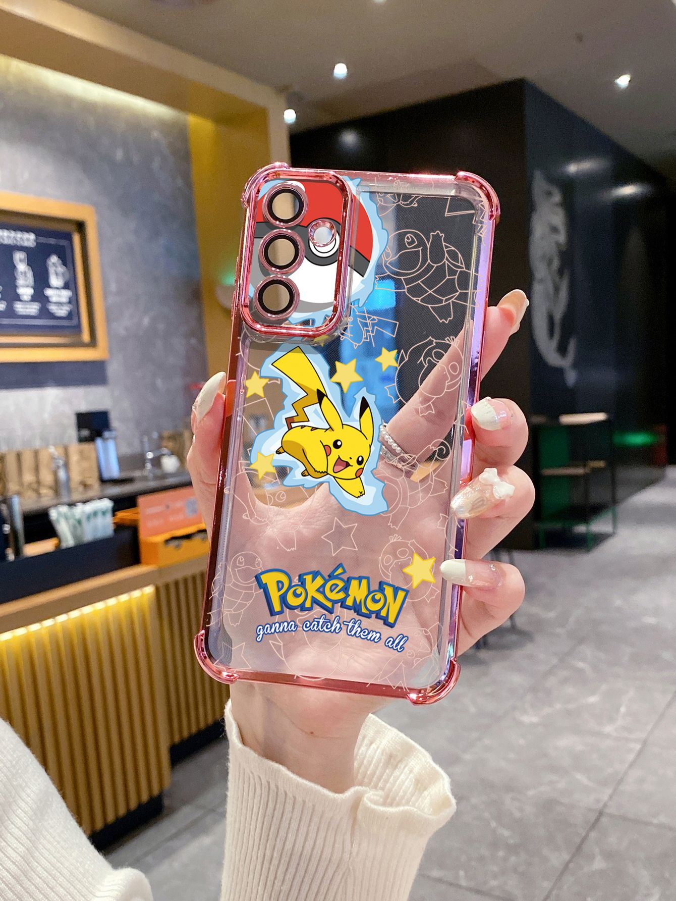 For iPhone 16 15 Pro Max 14 Plus 13 12 11 XR 8 7 SE 2022 XS Pokemon Pikachu Plating Frame Clear Phone Case Anti-shock Cover