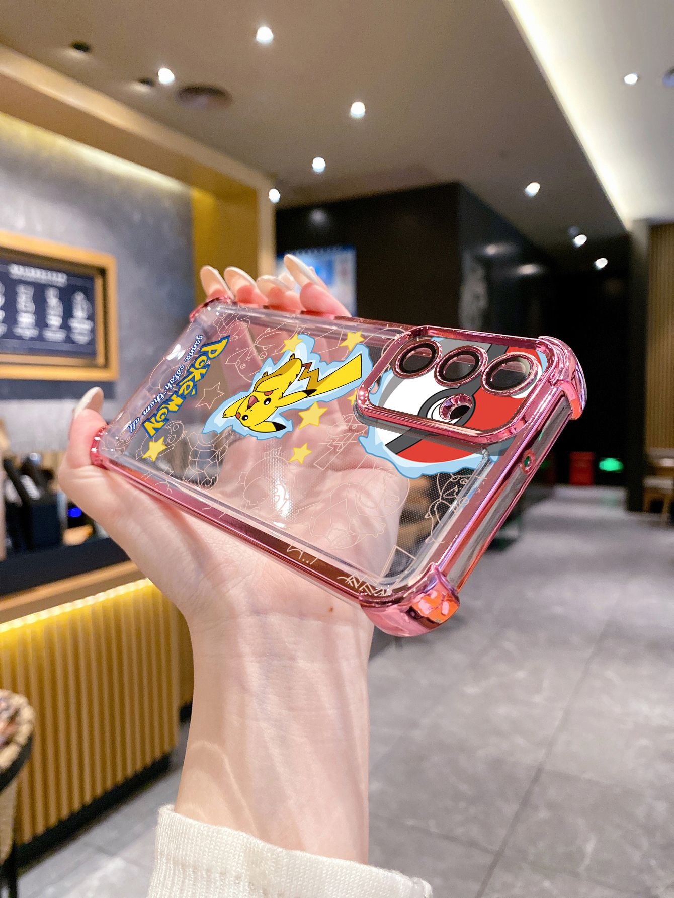 For iPhone 16 15 Pro Max 14 Plus 13 12 11 XR 8 7 SE 2022 XS Pokemon Pikachu Plating Frame Clear Phone Case Anti-shock Cover