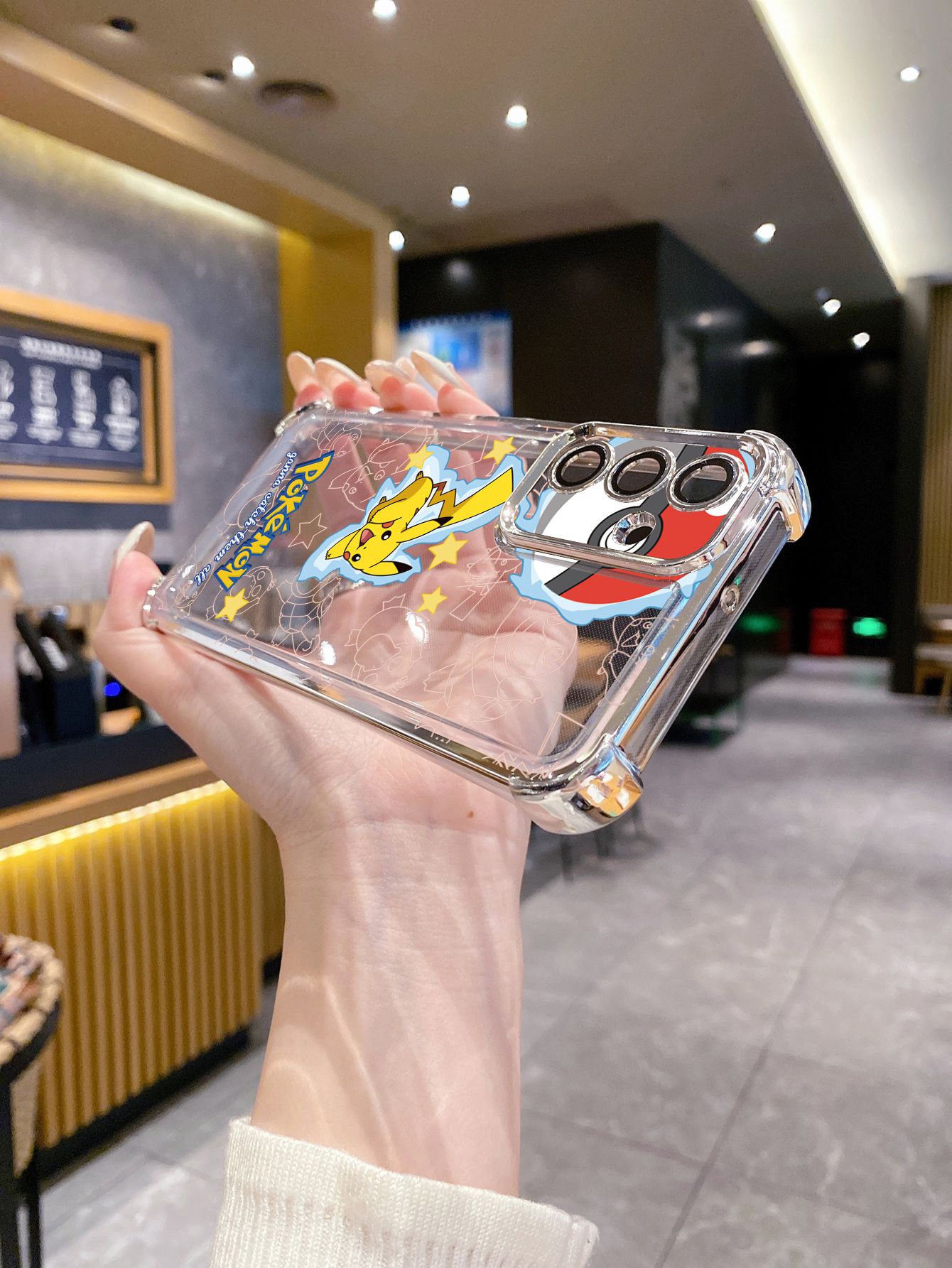For iPhone 16 15 Pro Max 14 Plus 13 12 11 XR 8 7 SE 2022 XS Pokemon Pikachu Plating Frame Clear Phone Case Anti-shock Cover