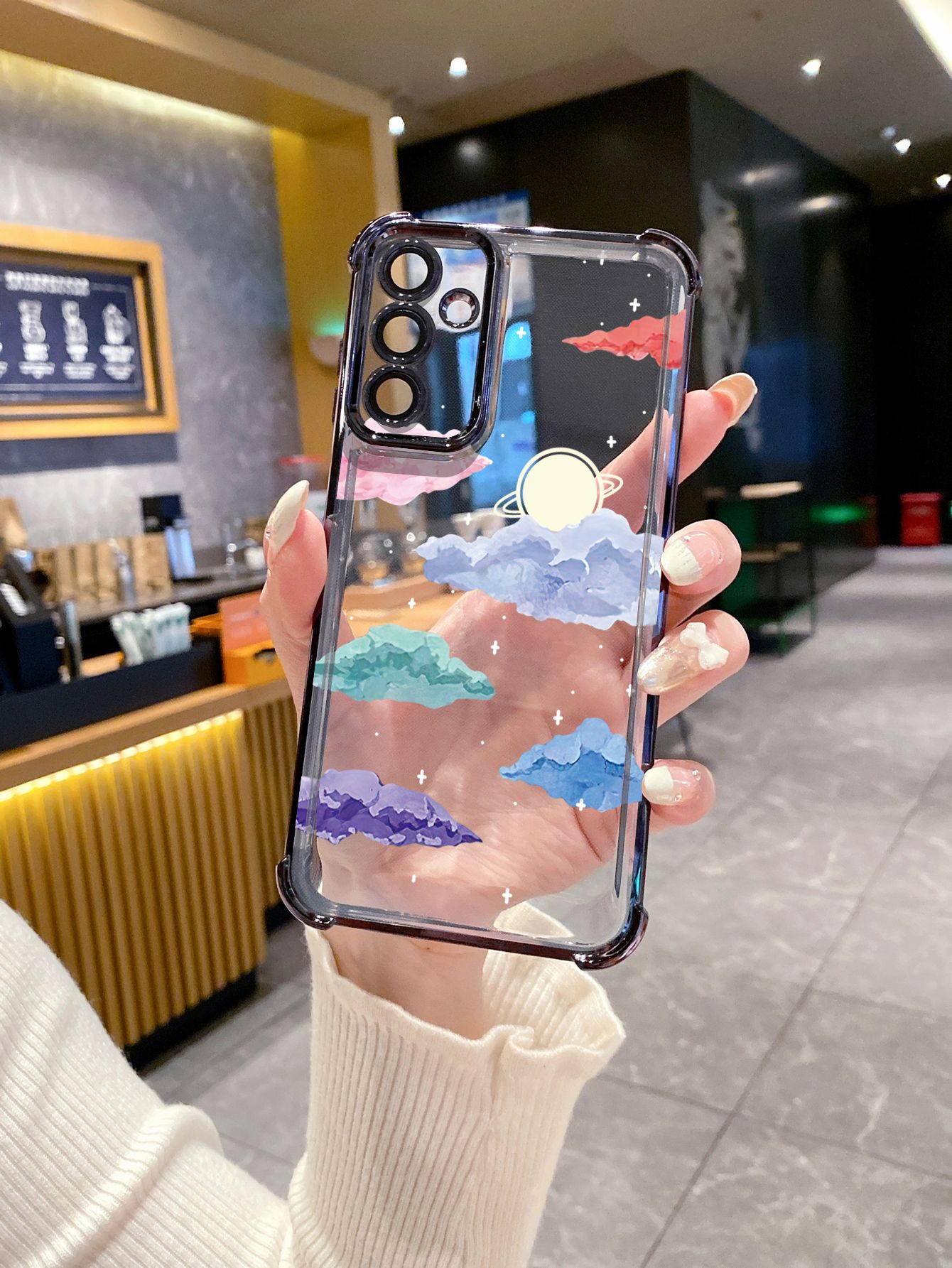 For iPhone 16 15 Pro Max 14 Plus 13 12 11 XR 8 7 SE 2022 XS Paiting Saturn Moon Plating Frame Clear Phone Case Anti-shock Cover